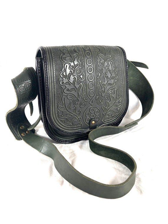 Vintage Genuine Hand Tooled Thick Green Leather Cr