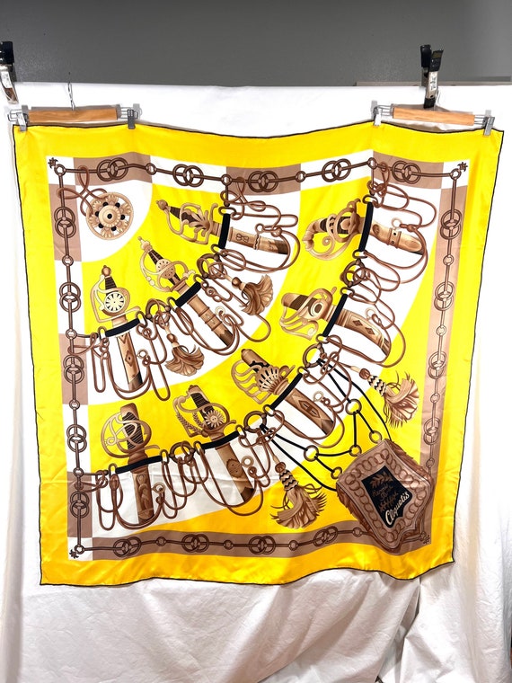 HERMES Cliquetis Yellow 100% Silk With Swords Pattern Scarf