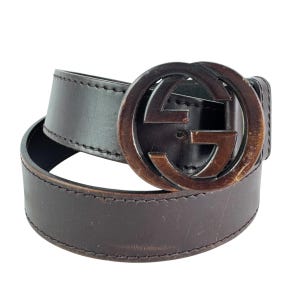 GUCCI Brown Leather GG Wood Interlocking Buckle Men&#39;s Belt Made in Italy 90-36