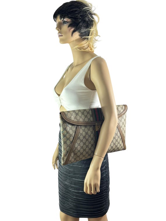 80s GUCCI Brown Supreme Canvas Monogram Web Document Portfolio Bag