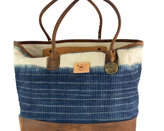 Borsa a tracolla WILL LATHER GOODS in cotone blu indaco e pelle marrone