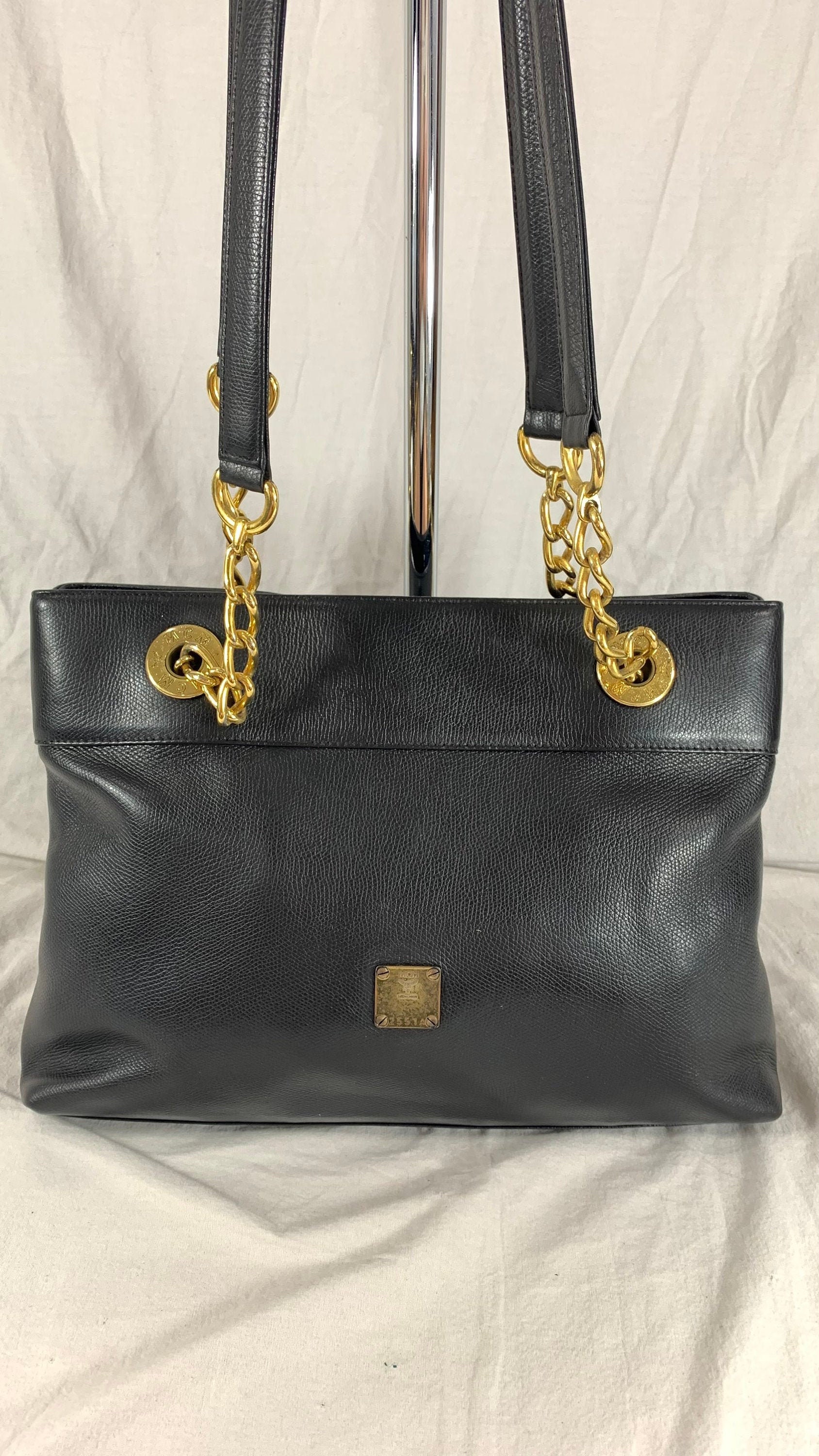 MCM Vintage Authentic Black Leather Tote Chain Link Shoulder 