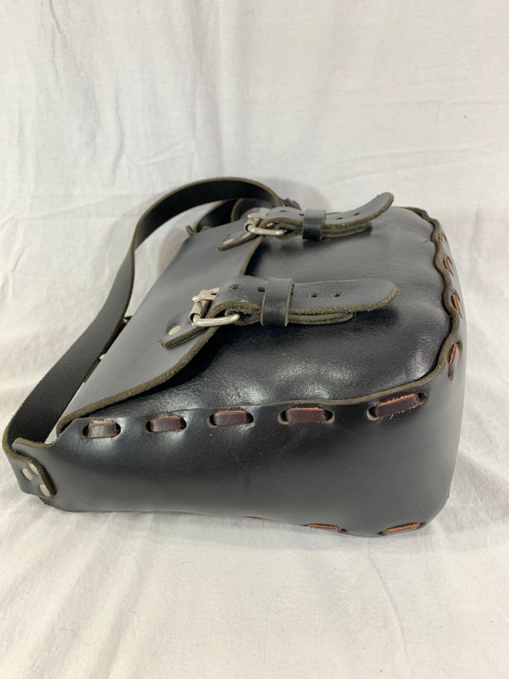 Vintage Genuine Black Leather Woven Thick Stitche… - image 6