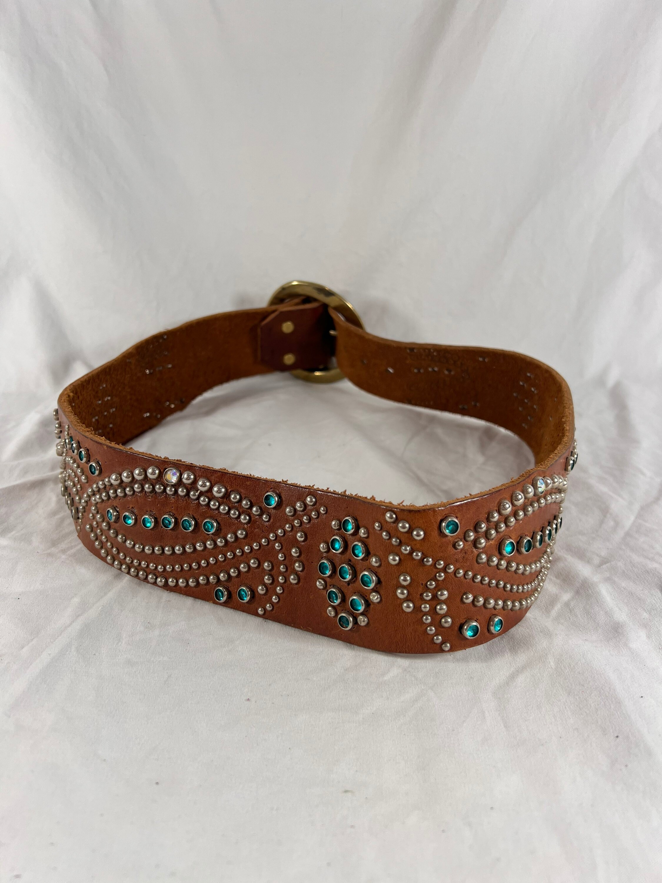 Vintage Women\'s Full Riveted Light Blue Rhinestone Handmade Tan Leather 36-42 Vintage Women main image 2
