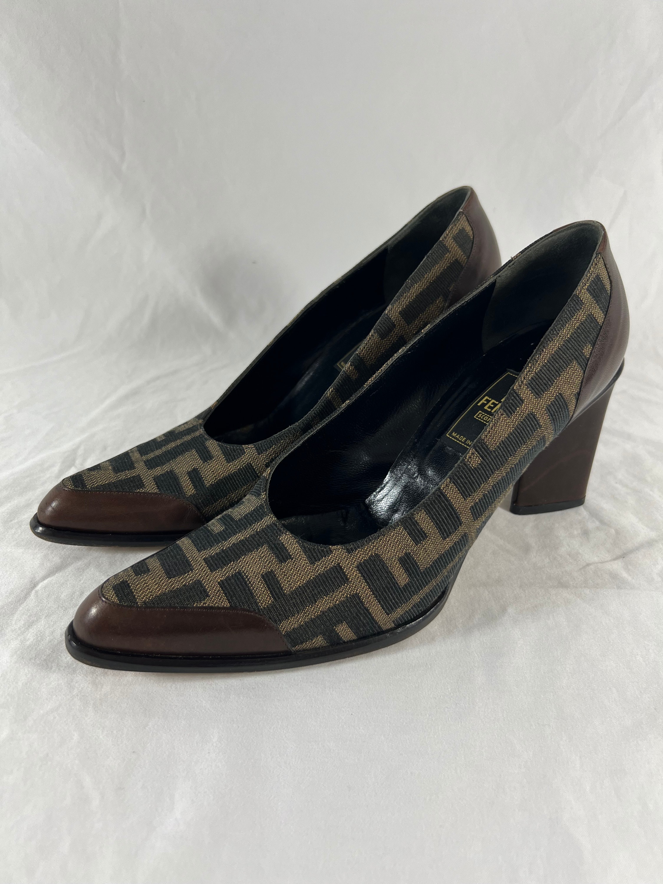 FENDI Brown Canvas FF Logo Print Zucca Pump Heels Made in  Fendi Glossy Brown Heels with Logo Accent main image 0