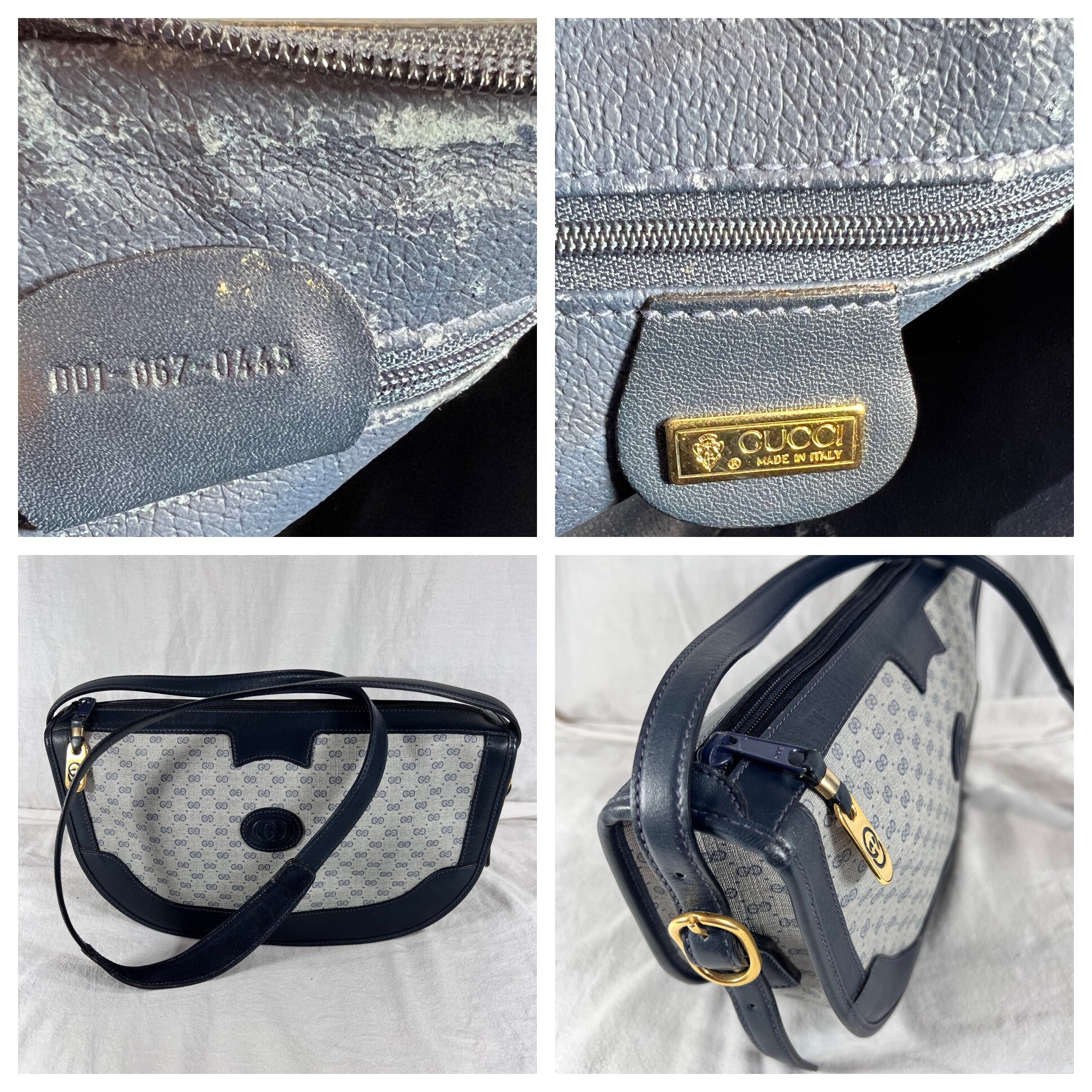 GUCCI Authentic Navy Blue Leather and Canvas Crossbody