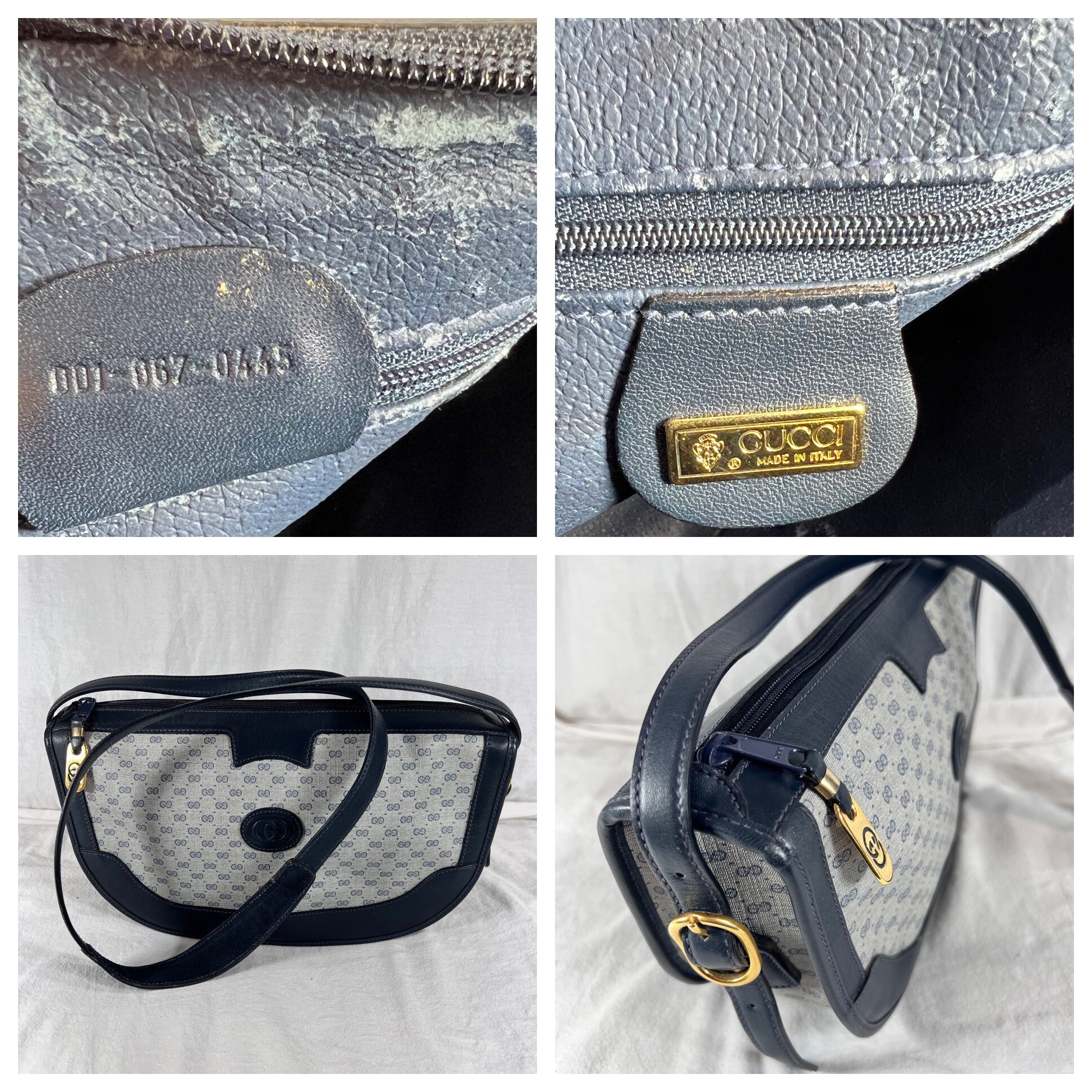 GUCCI Authentic Navy Blue Leather and Canvas Crossbody 