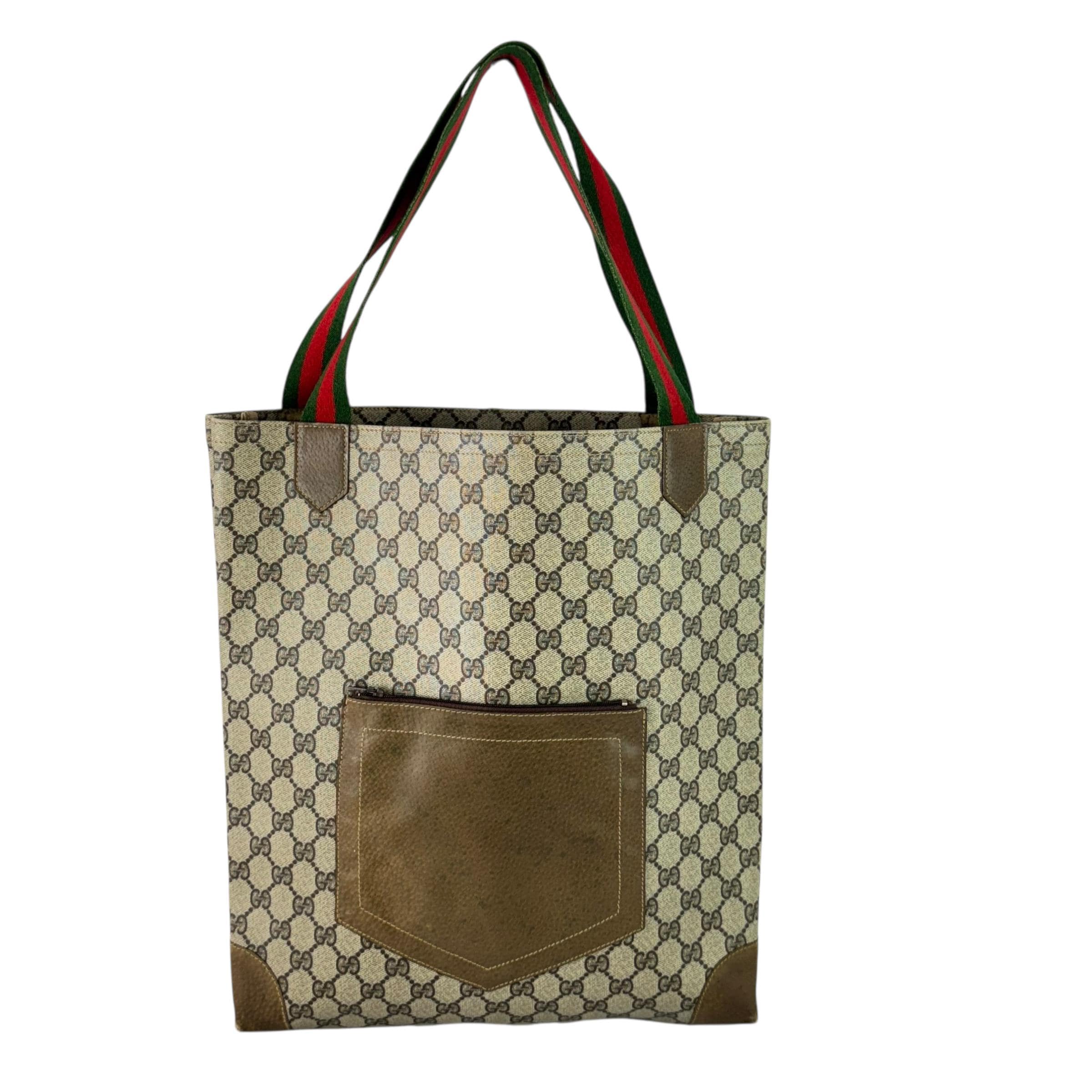 GUCCI Sherry Line Beige GG Canvas and Leather Trim Shopping Tote
