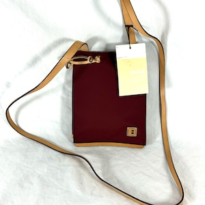 BALLY Burgundy Canvas & Tan Leather Trim Mini Sling Crossbody Bag Made in Italy