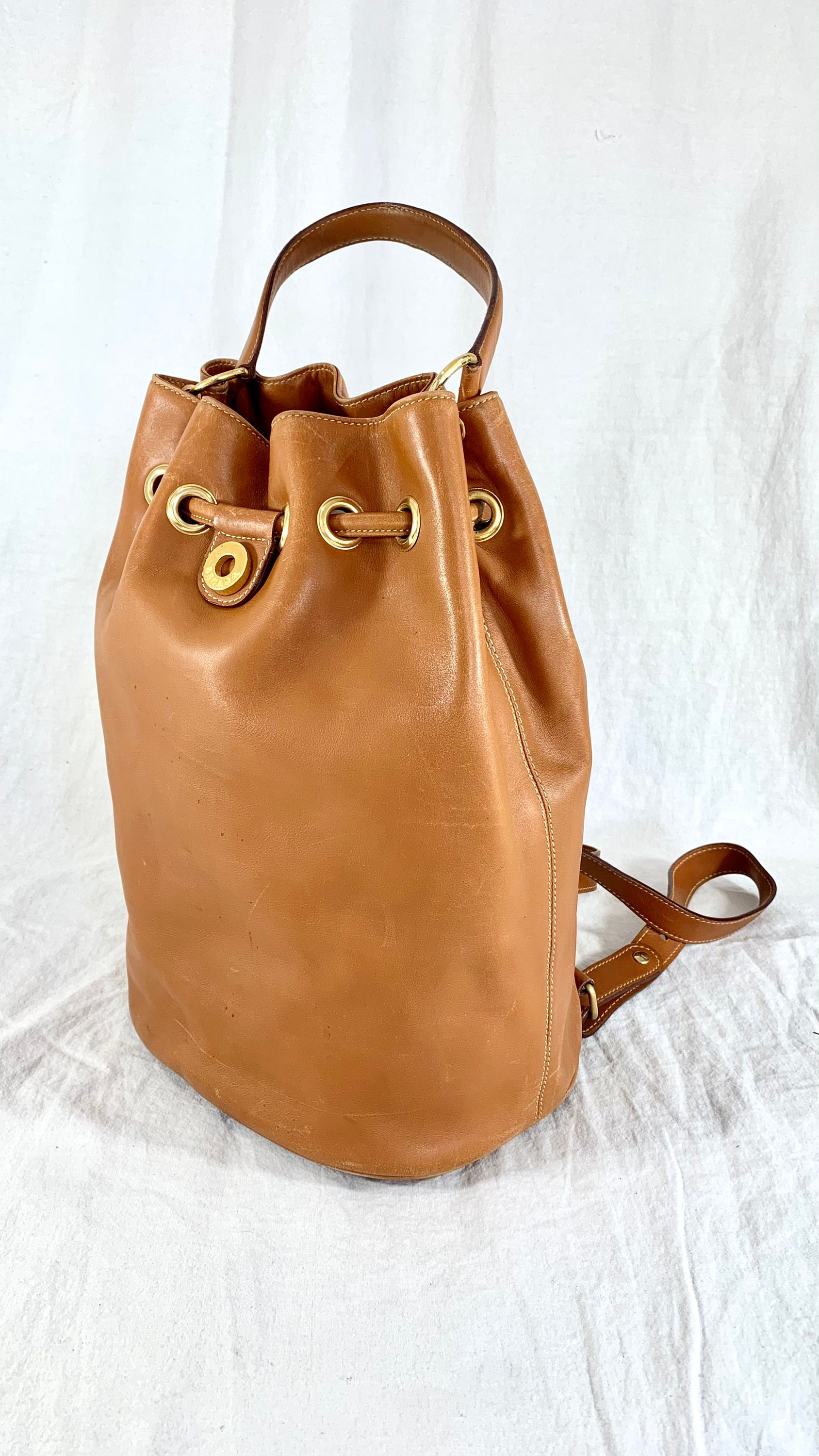 ESCADA Drawstring Authentic Tan Leather Backpack Bag Made in Italy