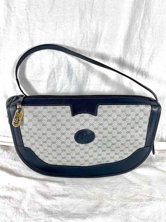 80’s Vintage Gucci Doctor bag, boho Fashion, Designer Bag, navy, grey,  purse, AUTHENTIC Gucci, leather, canvas