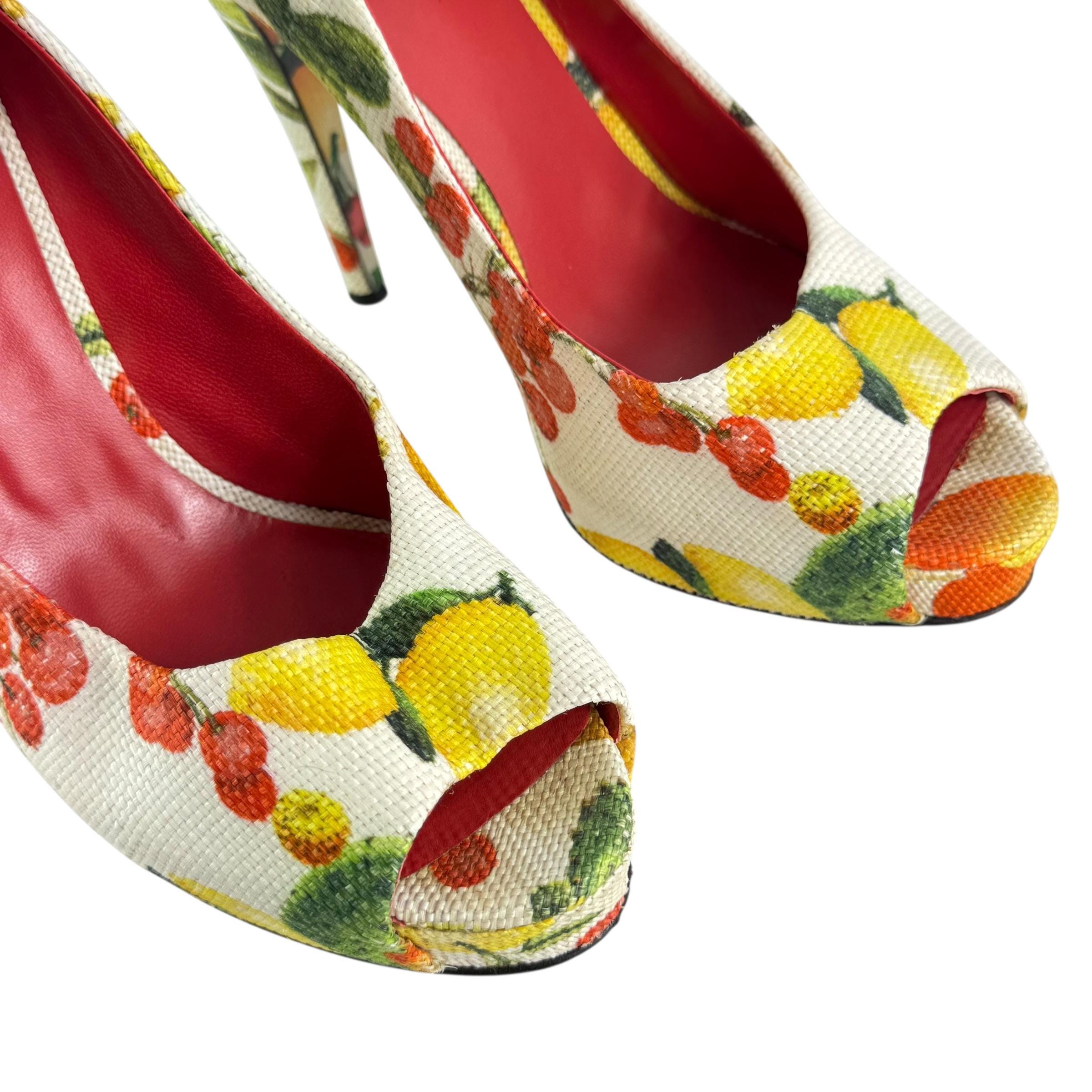 DOLCE and GABBANA Multicolor Floral Platform Peep Toe Heels Marked