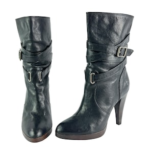 FRYE Black Leather Harlow Multi Strap Women&#39;s Heeled Boots 8M US