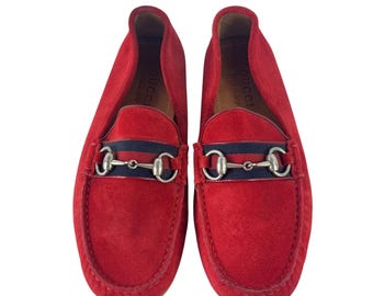 GUCCI 450892 Red Suede Leather Driver Horsebit Webb Men's Loafers 6.5UK - 7US