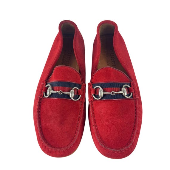 GUCCI 450892 Red Suede Leather Driver Horsebit Webb Men