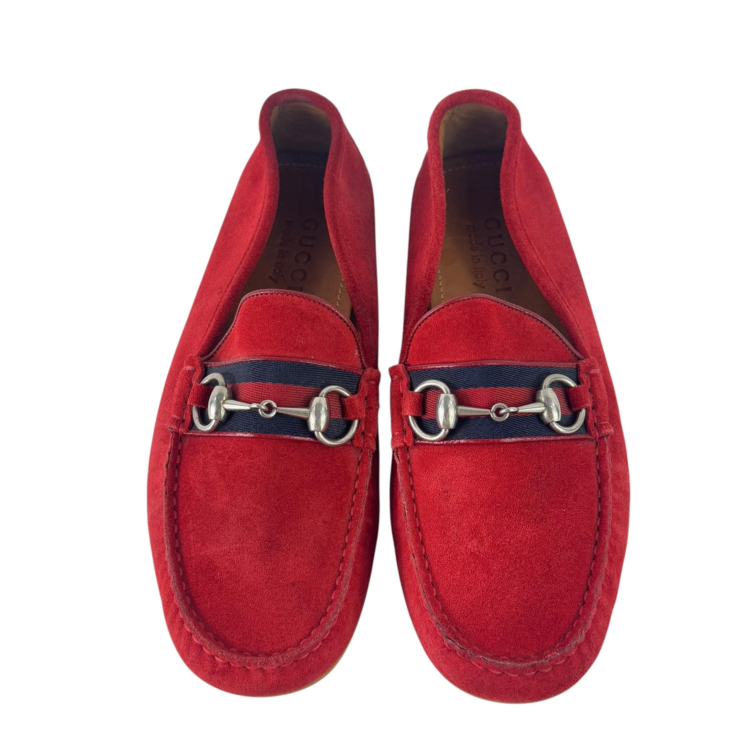 GUCCI 450892 Red Suede Leather Driver Horsebit Webb Men's Loafers