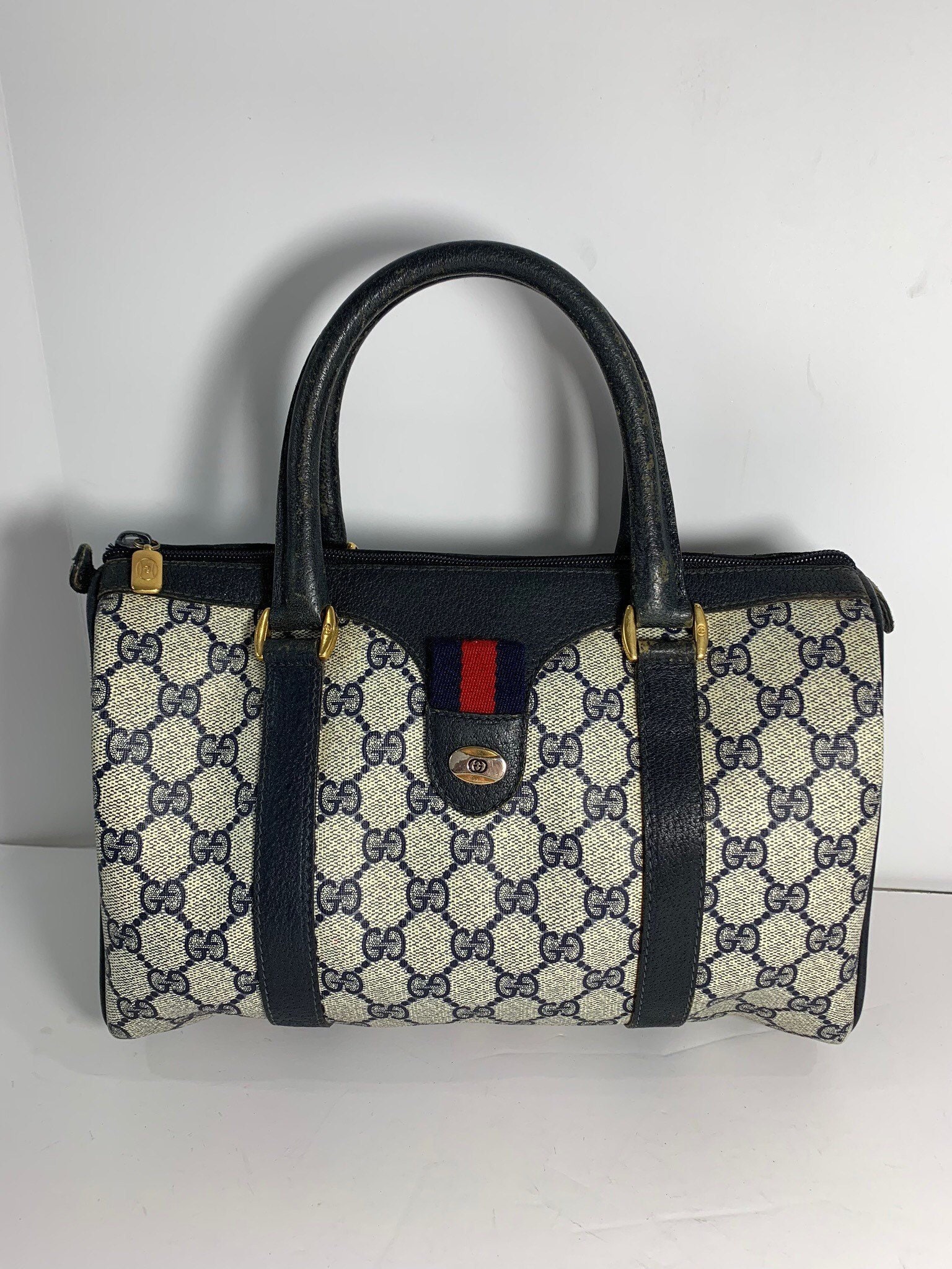 GUCCI Authentic Navy Blue Leather and Canvas Satchel Handbag - Etsy