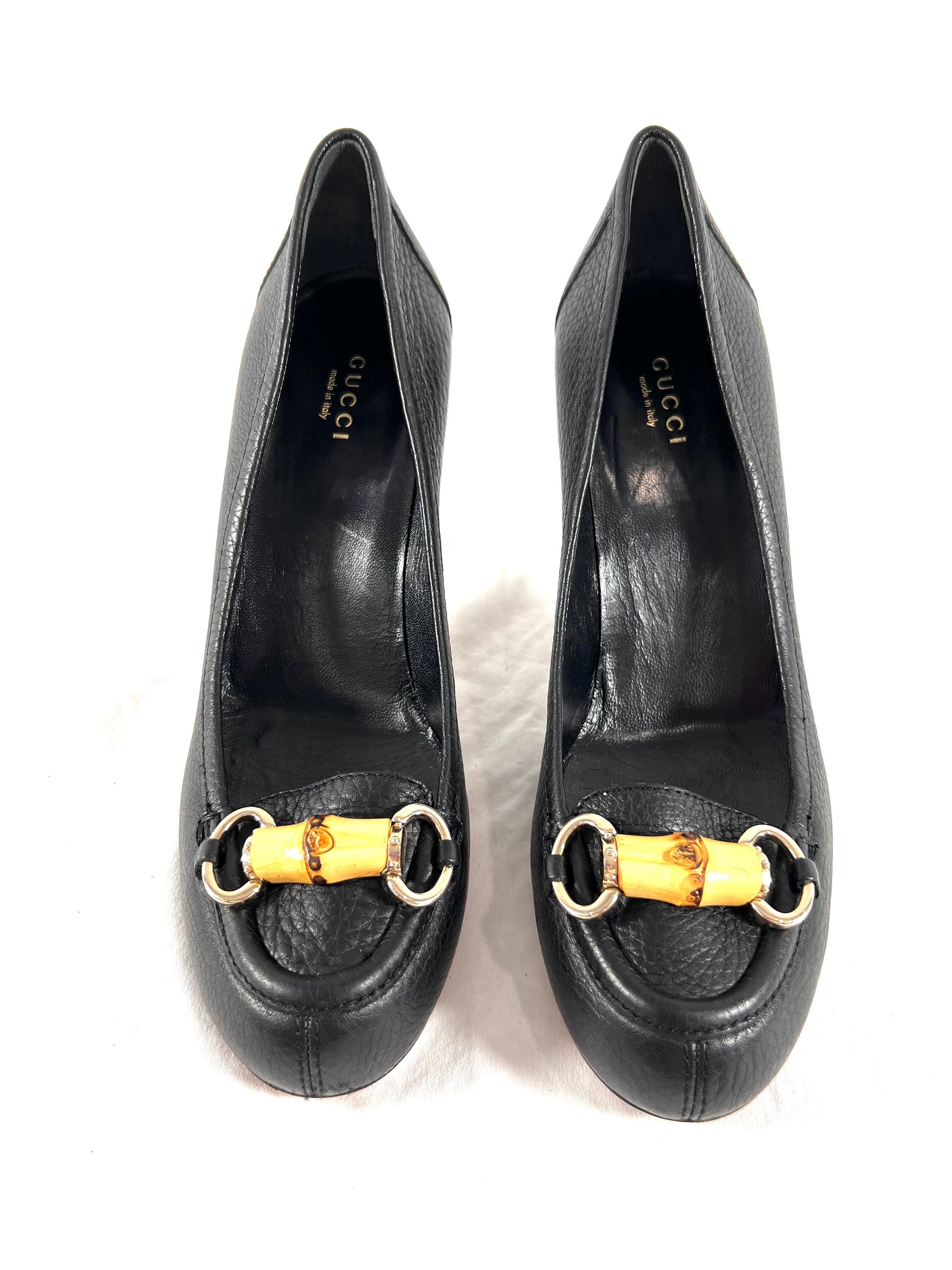 GUCCI ブラックレザー バンブー ホースビット ローファー パンプス