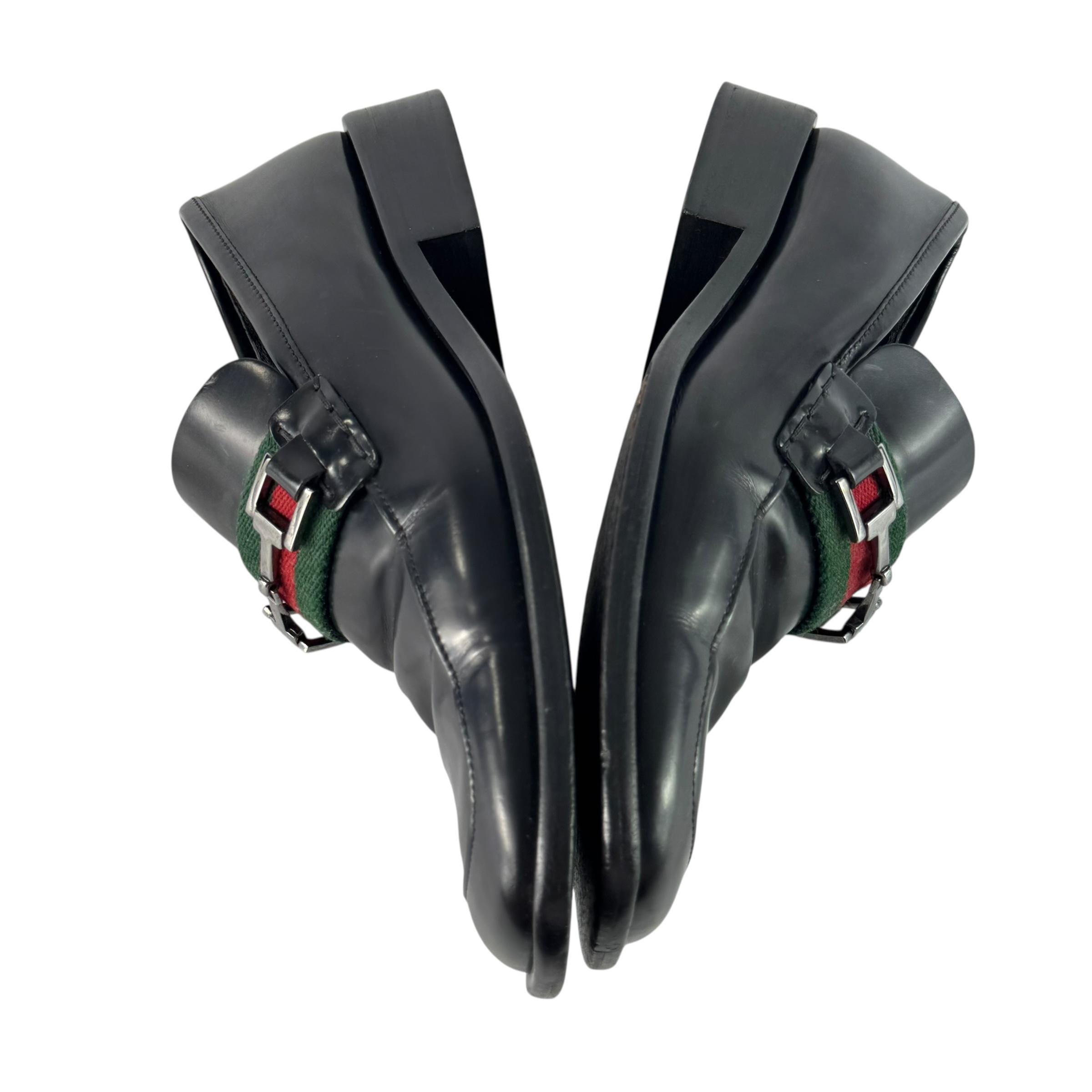 GUCCI Loafers Black Leather Sherry Line Horsebit Made in 