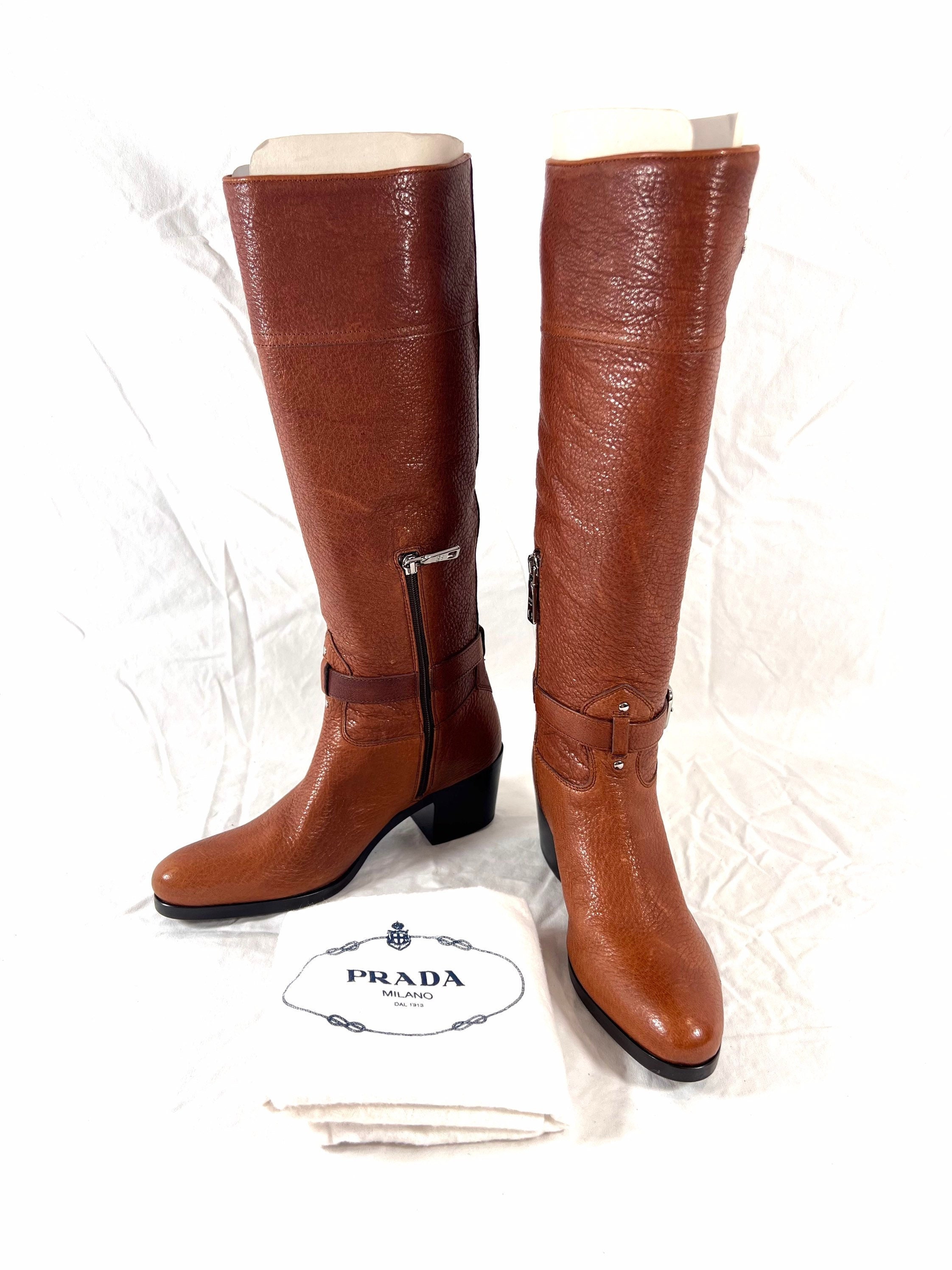 PRADA Authentic Knee High Brown Leather Motorcycle Women's PRADA Authentic Knee High Brown Leather Motorcycle Women's