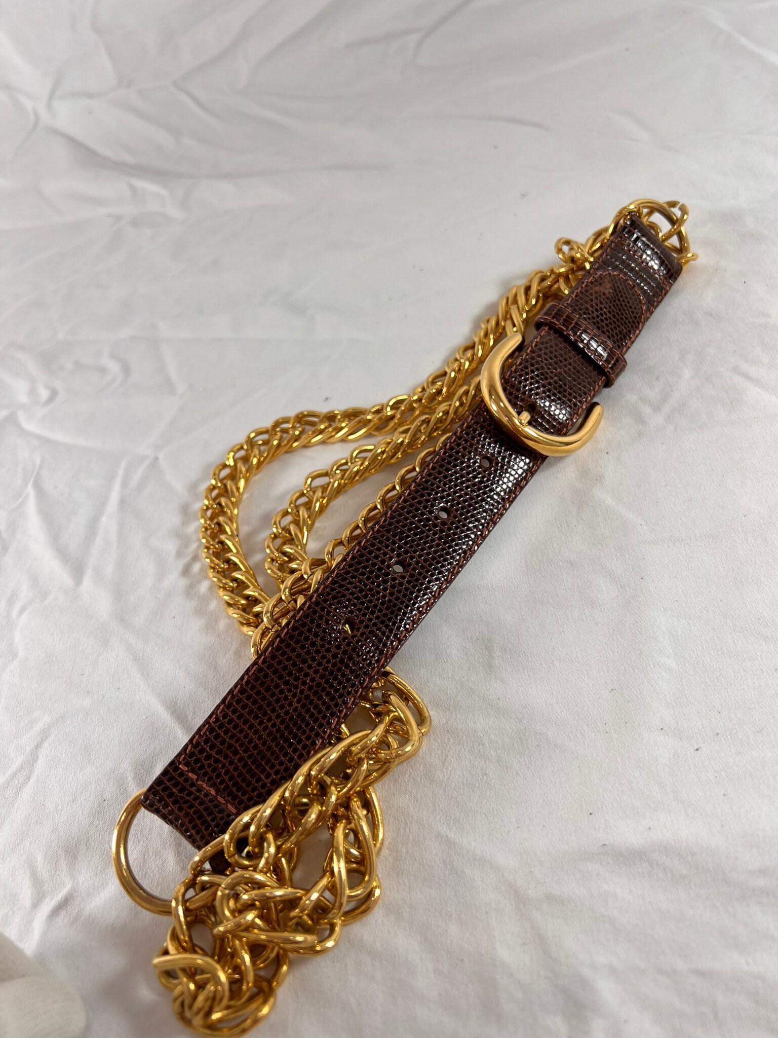 Rare GUCCI Brown Lizard and Leather Triple Golden Chain Belt 26\