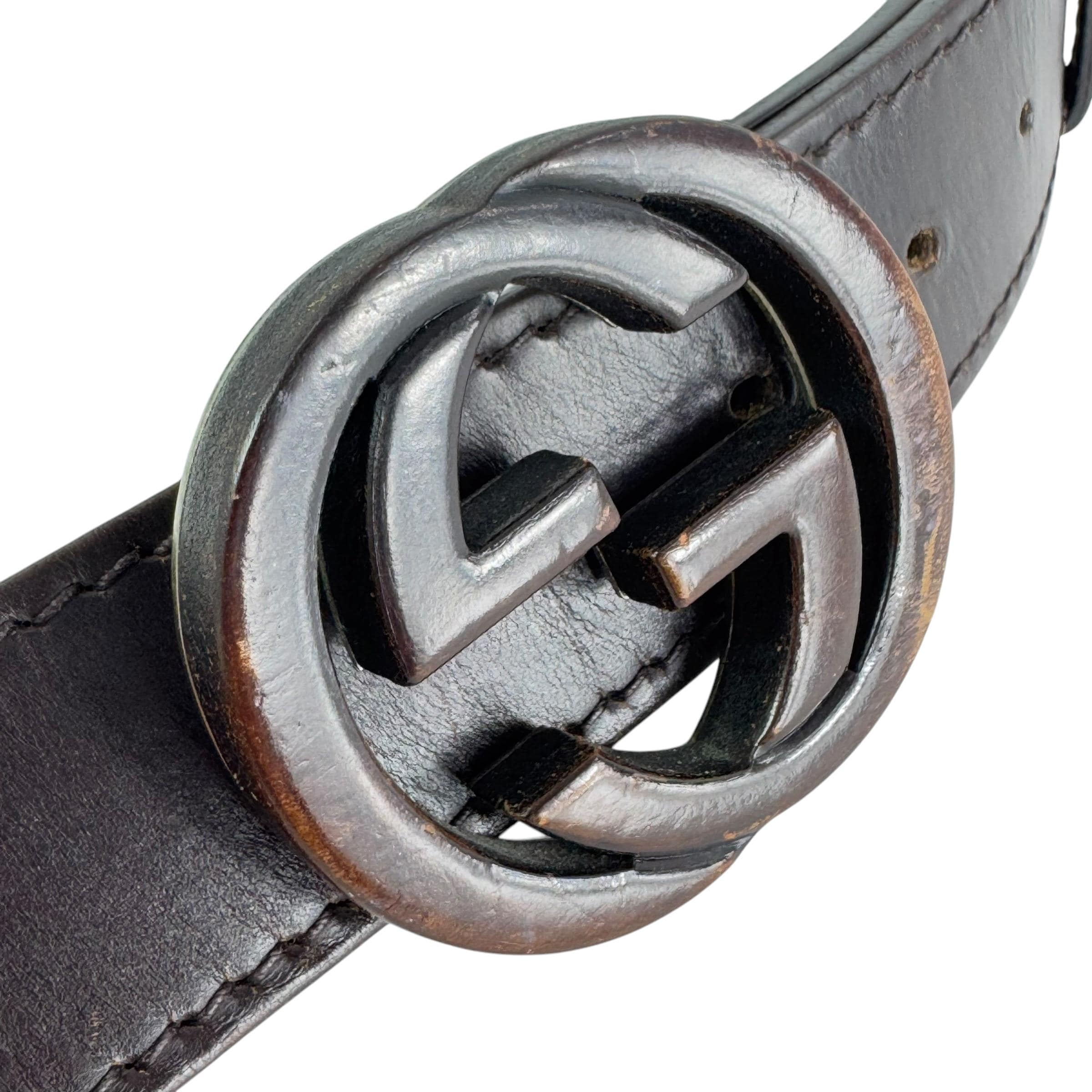 GUCCI ブラウン レザー GGウッド インターロッキングバックル メンズ