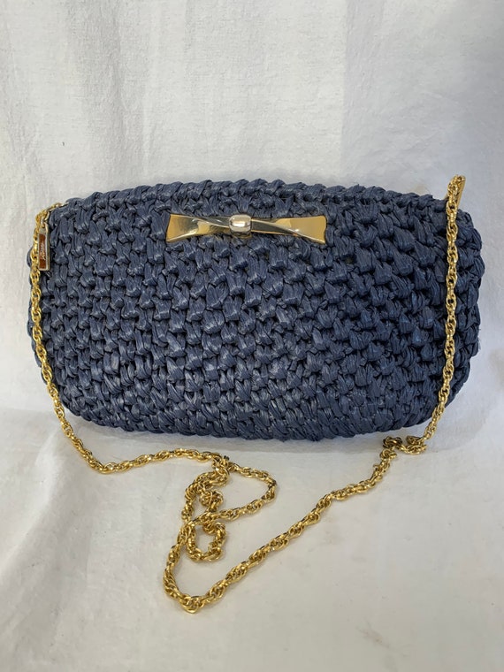 RODO Great Vintage Navy Blue Straw Shoulder Bag