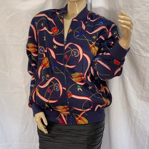 ALFRED DUNNER 90&#39;s Women&#39;s Nautical Print Blue Bomber Jacket Size 12