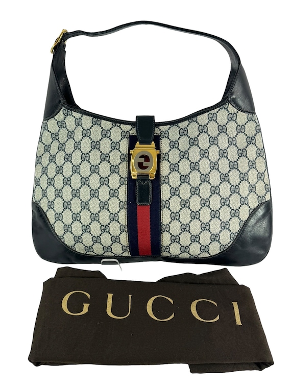 バッグ vintage gucci satin handbag navy Genuine Vintage GUCCI navy blue Signature Logo Canvas and