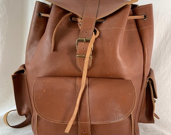 Large Vintage Genuine Brown Leather Drawstring Backpack Rucksack Rugged Bag Made in Greece