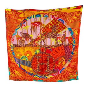 HERMES Orange & Multicolor 100% Silk Ex-Libris En Kimonos Pattern Scarf France