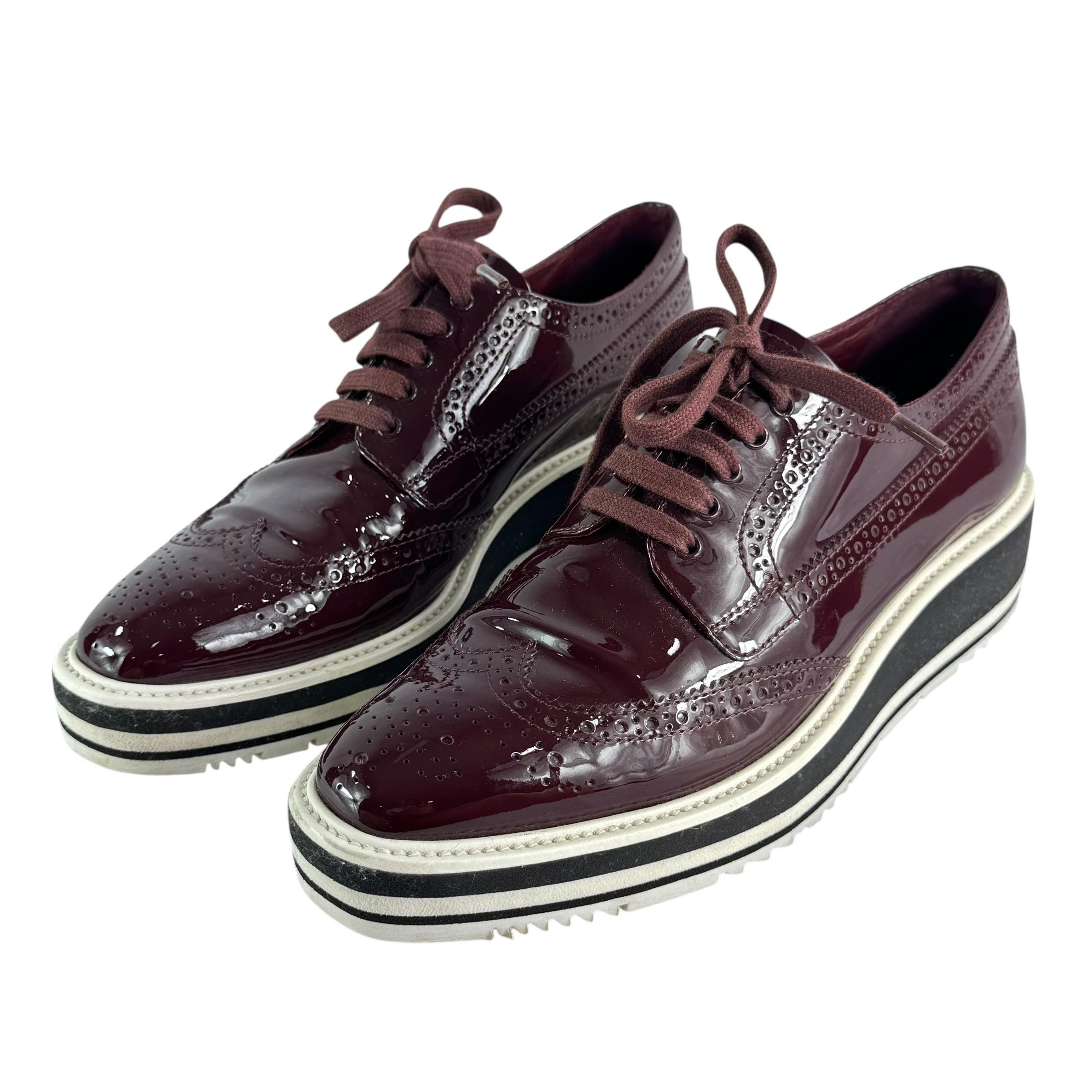 PRADA Brogues Burgundy Patent Leather Women Wingtip Platform 