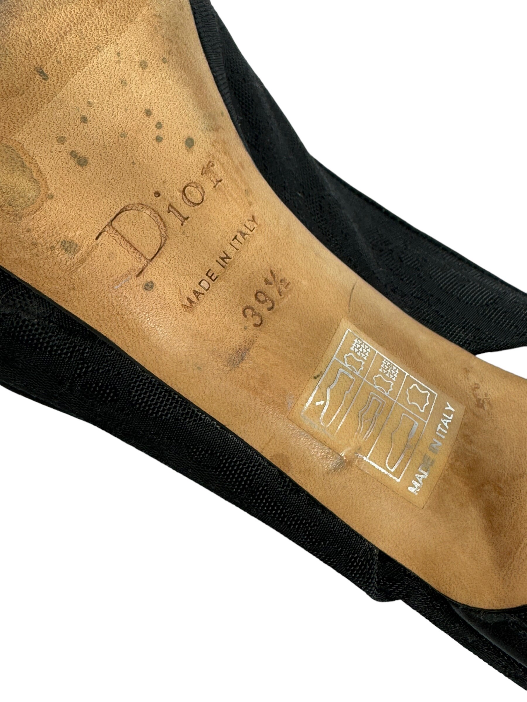 DIOR Black Monogram Canvas Open Peep Toe Logo Plaque Heels