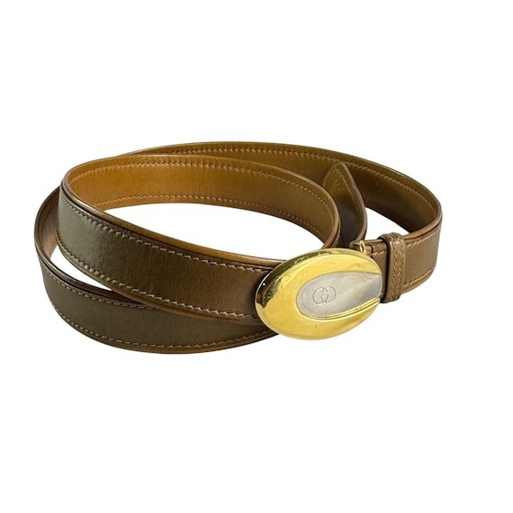 GUCCI Vintage Tan Leather Plaque Interlocking GG Buckle Men  display picture 3