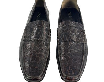 Mocasines para hombre PRADA de piel de becerro con relieve de cocodrilo marrón oscuro, fabricados en Italia, talla 9UK - 10US.