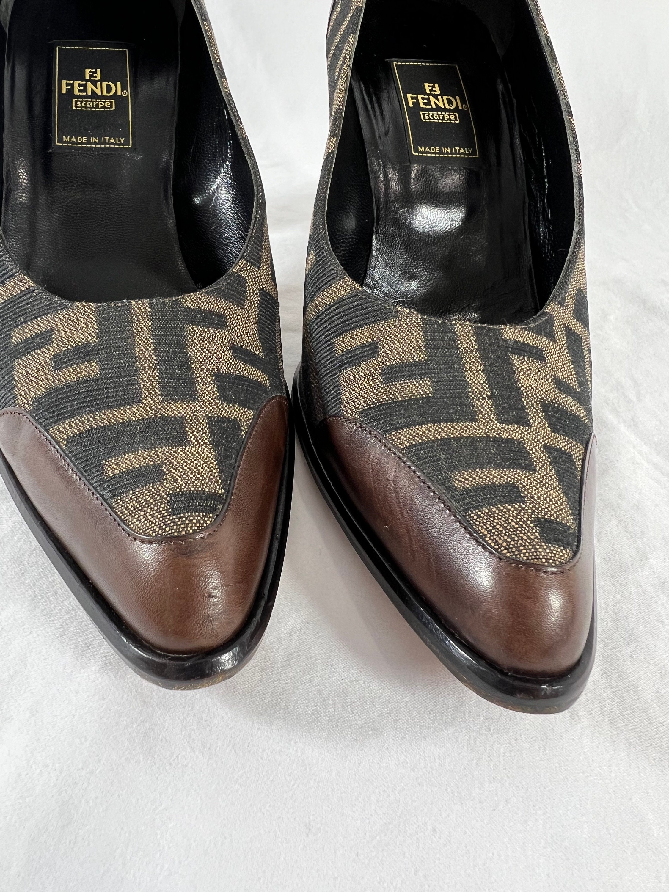 FENDI Brown Canvas FF Logo Print Zucca Pump Heels Made in 