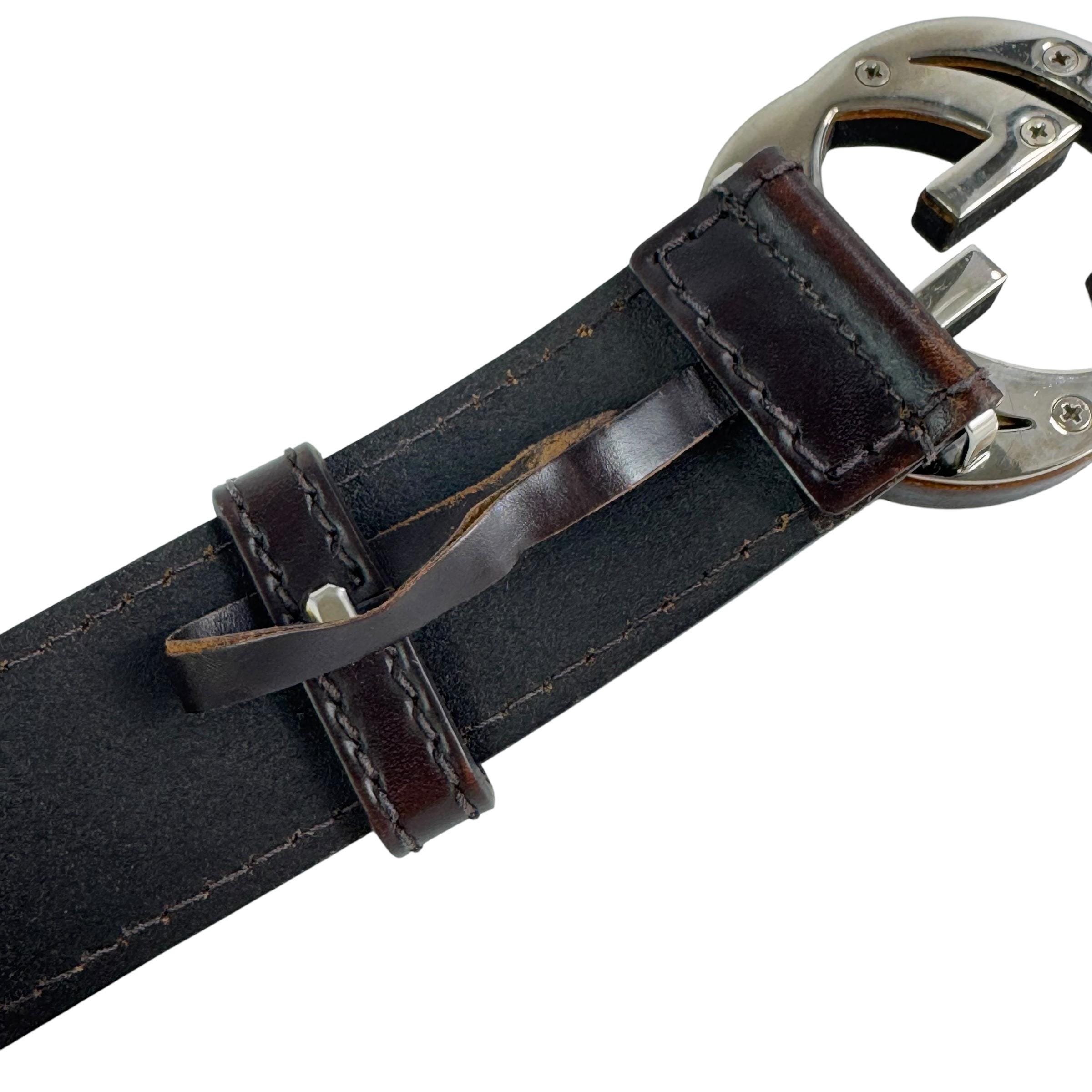 GUCCI Brown Leather GG Wood Interlocking Buckle Men