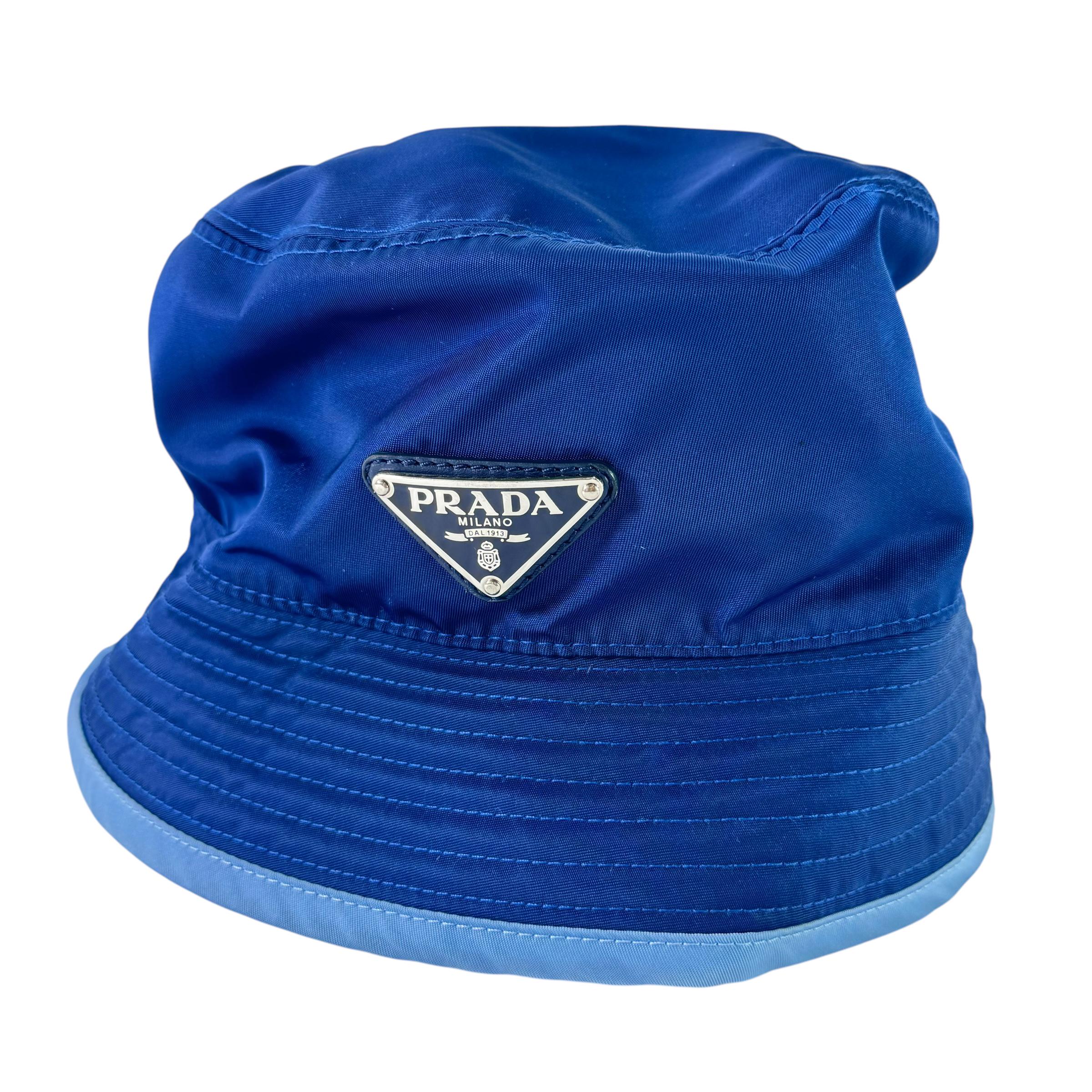 PRADA Blue Nylon Unisex Bucket Hat Metal Triangle Logo Made