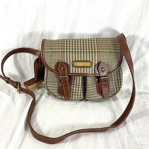 POLO RALPH LAUREN Authentic Houndstooth Brown Canvas and Leather Trim Crossbody Bag