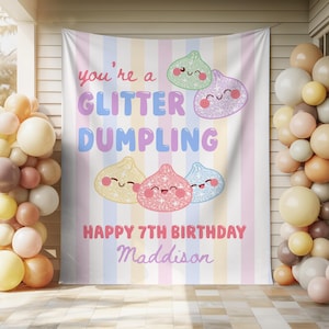 Glitter Dumpling Birthday Banner, Personalized Birthday Party Backdrop for Girls , Kawaii Dumpling Theme Party Decor