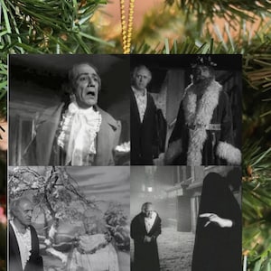 May include: A square ornament featuring a collage of four black and white scenes from a film adaptation of A Christmas Carol. The images depict characters in period clothing, including a man in a ruffled shirt, a figure in a fur-trimmed robe, and a cloaked spirit.