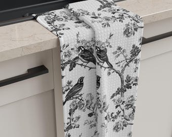Vintage Bird Branch Pattern Microfiber Tea Towel, Black White Toile