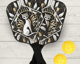 Juego de pickleball Art Deco con diseño de gato