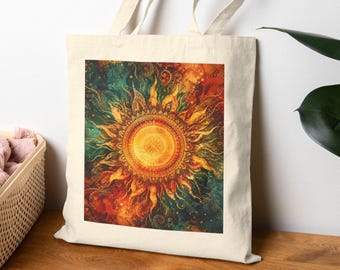 Bolso tote con mandala de sol ardiente, diseño bohemio de explosión solar.