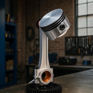 Puede incluir: Una lámpara de escritorio única hecha de piezas de automóviles recicladas. La lámpara presenta una cabeza de pistón plateada con detalles en negro, montada sobre una biela. Se apoya en una base de engranaje negra, creando una estética industrial y mecánica.