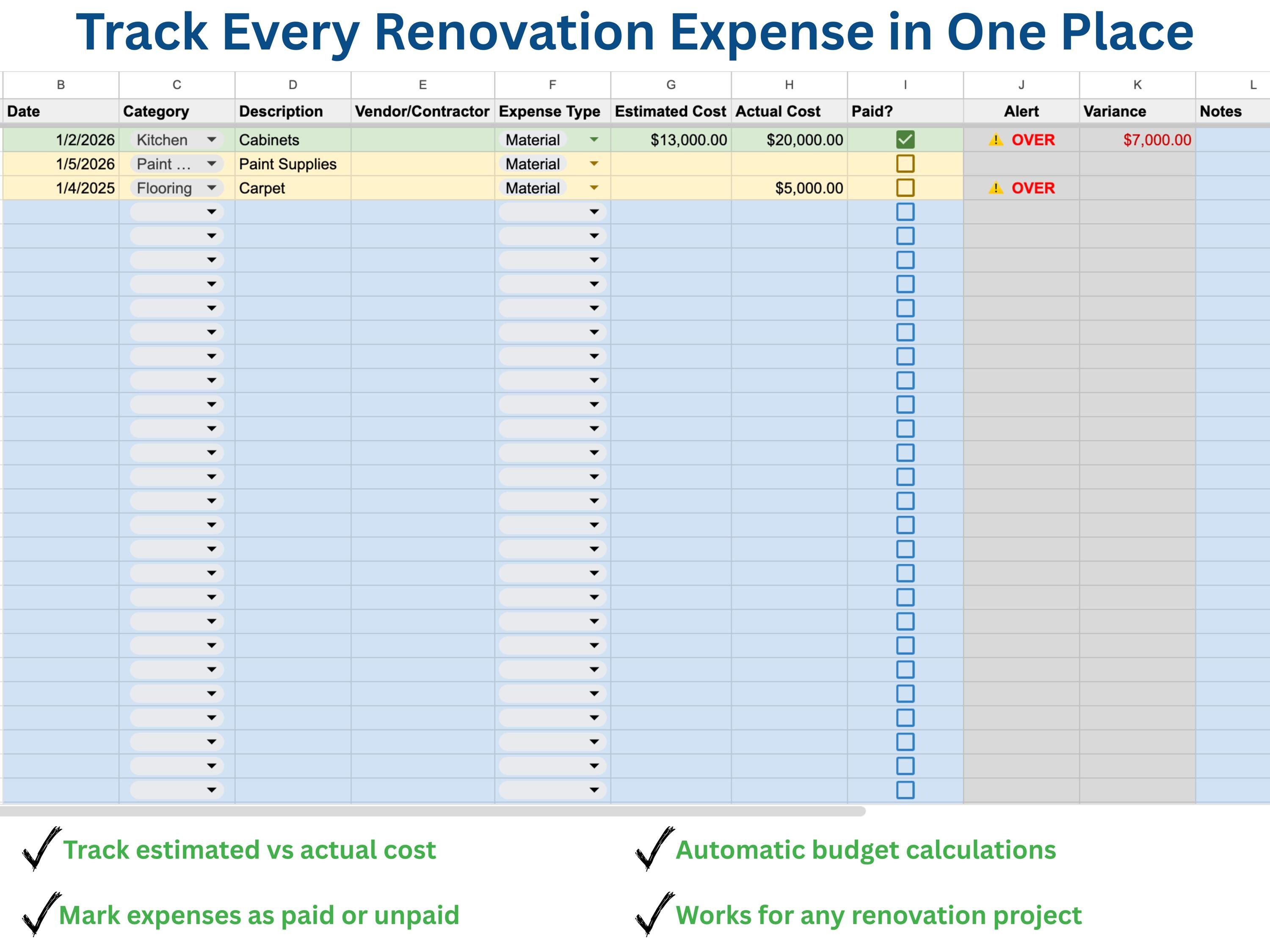Quote Comparison Layout Contractor Quote Comparison Spreadsheet, Renovation Estimate Tracker ...