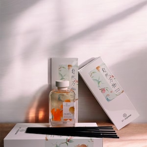 May include: A clear glass diffuser bottle with a white cap and orange floral accents, labeled "Citrus Green Tea." The bottle is displayed with a white box, reeds, and packaging with Asian-inspired illustrations and text. The brand name "KT-HUDSON" is visible.