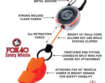 Llavero retráctil de seguridad Whistle Safe para emergencias - Silbato FOX40 - Cordón naranja transparente de 61 cm - Ideal para defensa, viajes, escuela, deportes, niños y andadores