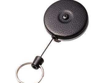 Retractor industrial con carrete de llave original (texturizado en negro), cable de Kevlar de 36" de alta resistencia, 13 oz (fabricado en EE. UU. desde 1948), oficina de administración, gobierno