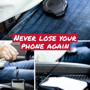 May include: A black Key-Bak retractable keychain clipped to blue jeans. The text "NEVER LOSE YOUR PHONE AGAIN" is displayed in a red banner. A smartphone is attached to the keychain.
